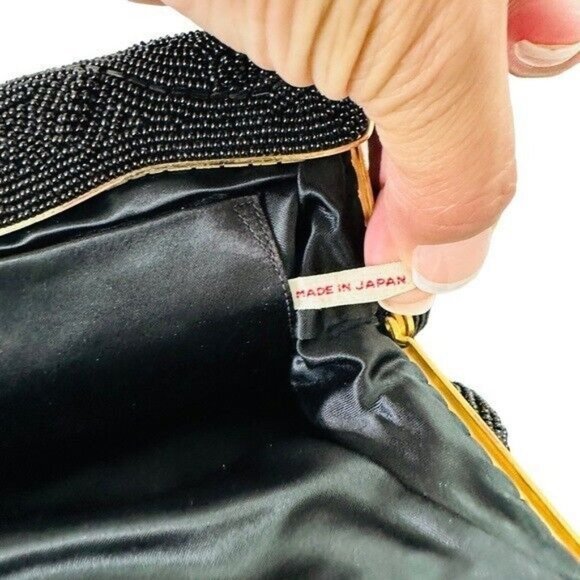 Vintage Black Seed Bead Evening Bag ~ Retro ART DECO Style Gold Frame JAPAN - Picture 9 of 9